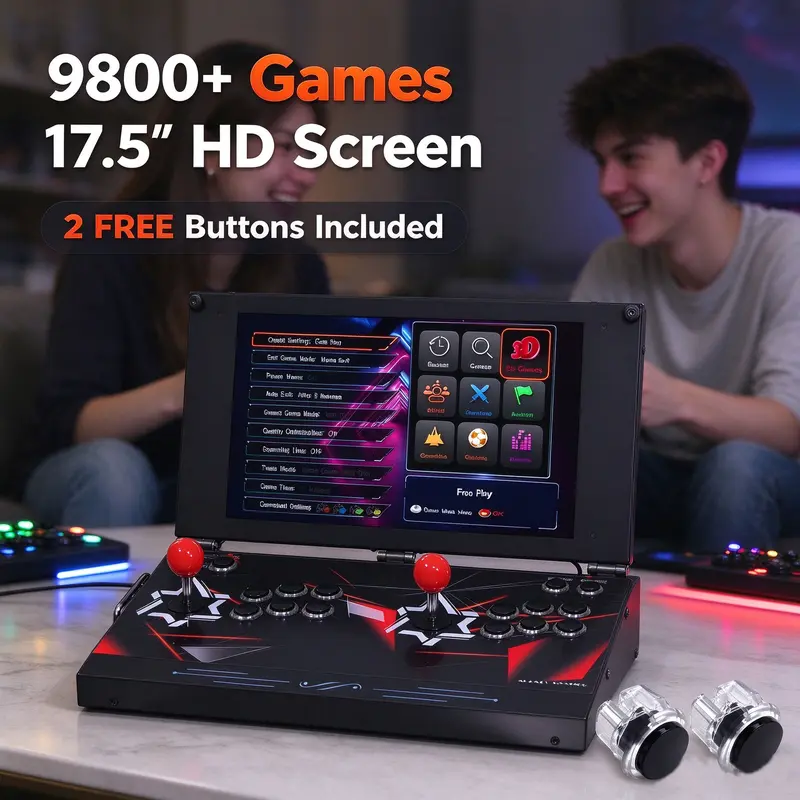 UYXOERA Foldable Portable Arcade Console. It comes with a 17.5" HD screen, preloaded with 9800+ classic retro games and dual joysticks. Supports save, load and pause. Great for home parties & trips, an ideal gift for men and gaming fans.