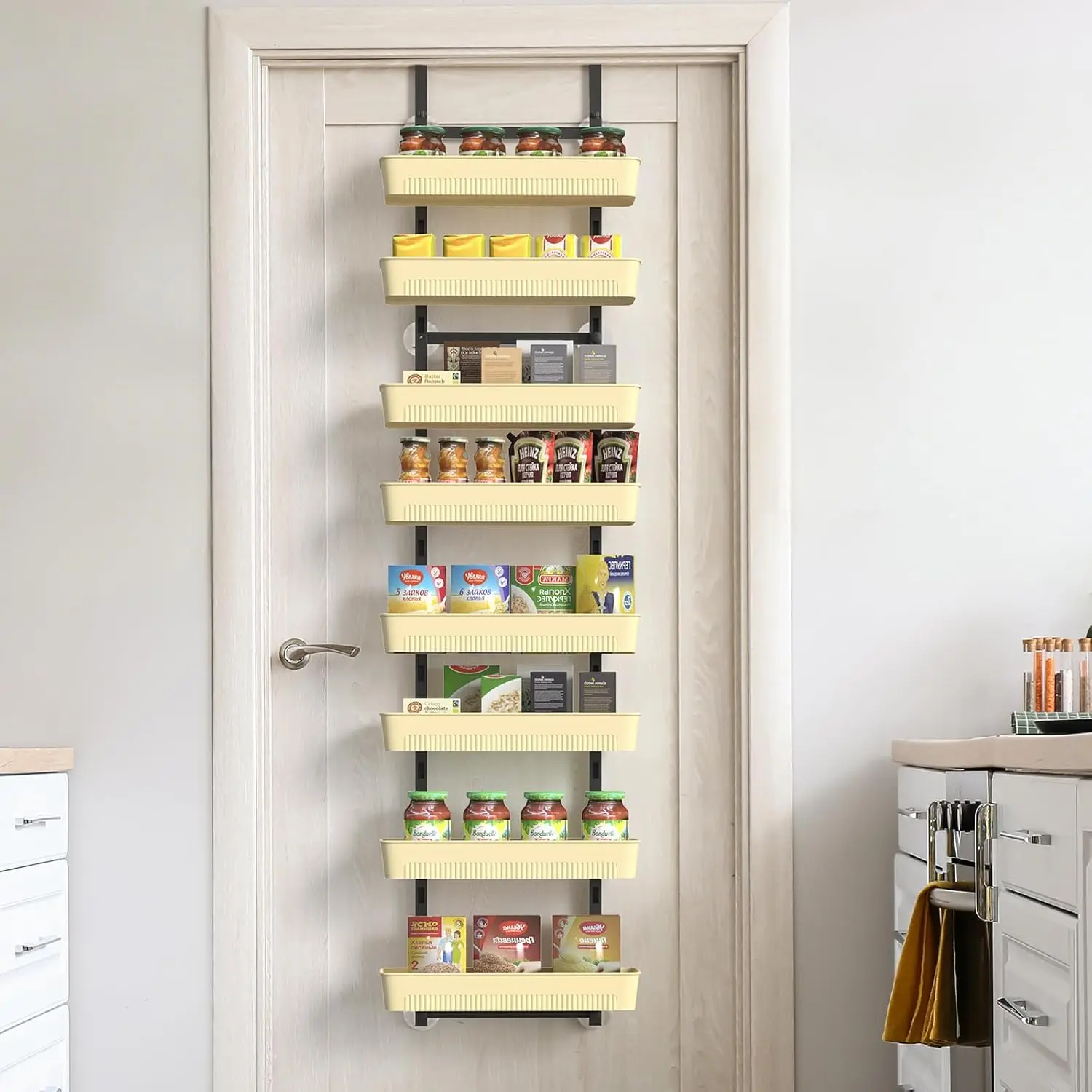 8-Tier Hangable Metal Over-the-Door Organizer with Adjustable Baskets, Easy-Installation Back-of-Door Pantry & Seasoning Rack for Kitchen