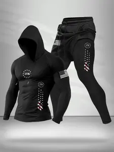 Men's 2-Piece Sports Set Sweat Suit Hooded Long Sleeve Top & Pants, Comfortable Stretch Fabric, Casual Fashion Athletic Tracksuit Set for Spring & Fall