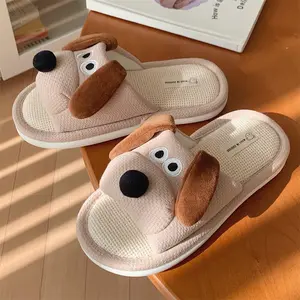 Women's big eared dog indoor poop floor slippers cute and lovely big eared dog soft soled linen slippers shoes walking shoes flip flops