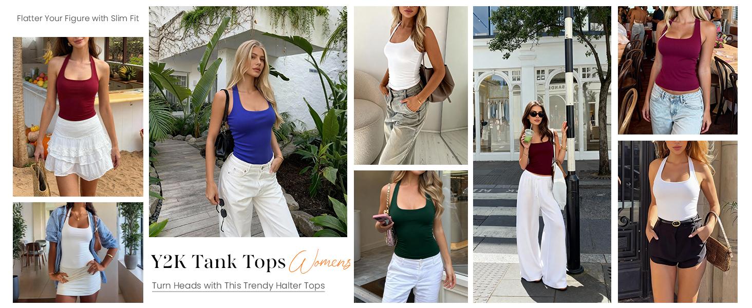 PrettyGarden Women's Summer Halter Tank Tops Y2K Sleeveless Slim Fitted Backless Shirts Going Out Spring Workout Clothes