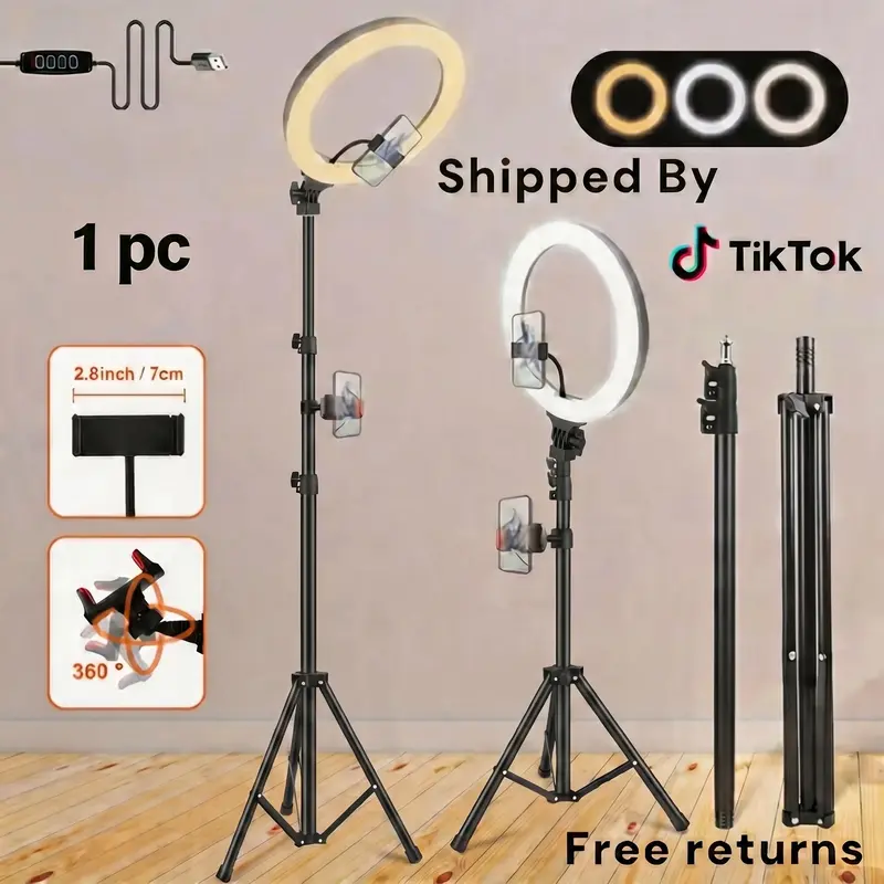 12" Dimmable Video Lighting Kit with 63" Adjustable Light Stand, Mobile Phone Holder, 3 Color Temperatures, 10 Brightness Steps, 120° Illumination Angle, USB-Powered, Ring Light Webcam Mount Selfie Accessory for Live Streaming, YouTube
