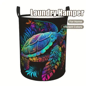 1 Cartoon Turtle Pattern Laundry Basket, with Sturdy Handle, Foldable Large Capacity Clothing and Toys Storage Bin, Durable Oxford Fabric 40x50 Cm / 19.6x15.7 Inches, Suitable for Bedroom, Bathroom, Game Room Organization, in Various Colors, Laundry Baske