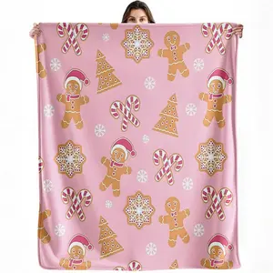 Pink Christmas Gingerbread Man Flannel Fleece Blanket, Candy Cane & Snowflake Print, Soft Warm Throw for Couch Sofa Bed, Cozy Holiday Kids Blanket