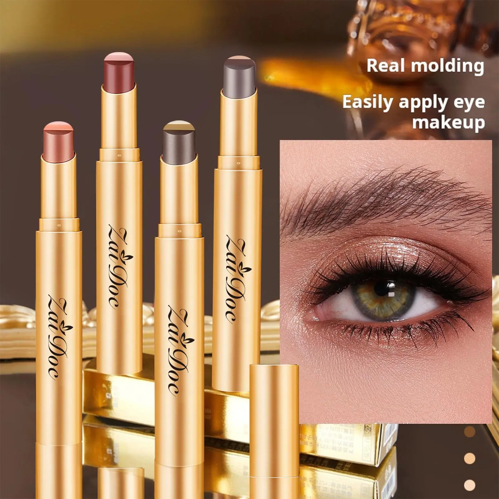4pcs-3 Shades Eyeshadow Stick, Long-Lasting Waterproof Cream Eye Shadow, Smudge-Proof Shimmer Glitter Eyeshadow, Portable Makeup for Daily & Night Use (Fine Shimmer Brownish Orange)