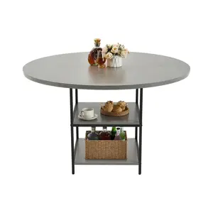 VEVOR Round Dining Table, 47 inch Wood Table for 4-6 Person, Modern Circle Dinner Furniture, Leisure Tables with Storage Shelf and Metal Legs, for Home Kitchen Living Room, Grey (Only Table)