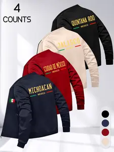 Men's Mexican States Theme Casual Baseball Jacket Set, 4-Piece, Multi-Color, Fashionable, Street Style, Fall & Winter, Long Sleeve, Menswear