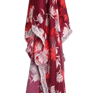 Red Beautiful Floral Printed Hijab With Intricate Lace
