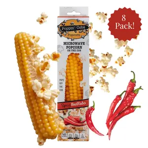 Poppin’ Cobs 8 Pack Spicy Buffalo Microwave Popcorn - Healthy Crunchy Snack that Pops right off the cob! (Pack of 8) Crispy Snack - good source of Protein & Fiber