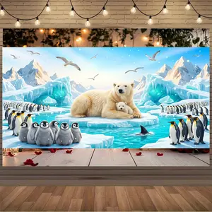 Arctic Adventure Photography Backdrop - Durable, Washable, Easy-to-Hang Background Cloth Featuring Polar Bears and Penguins in Icy Waters, Ideal for Parties, Home Decor, and Events, High-Definition Print