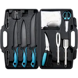 Fish Fillet Knife Set Curved Flex 7 inch 9 inch Filet Knife for Filleting and Boning, Non-Slip Handles, Includes Fishing Braid Line Scissors, Fish Dressing Scissors, Filleting Pad