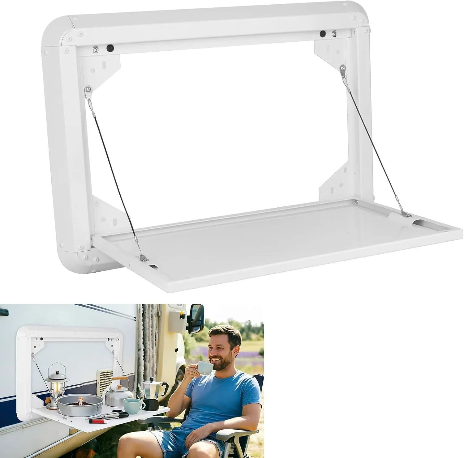 Foldable Rv Tables, Campervan Outside Picnic Wall Mounted Flip-Down Table Kit for Campervan Motorhome Travel Trailer, Aluminum Lockable Foldable Camping Table (White)