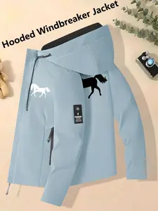 Women's Hooded Windbreaker Jacket Stylish Light Blue Running Horse Print Durable Windproof Waterproof Breathable Relaxed Loose Fit Skin-Friendly Versatile Outerwear for Horse Lovers Perfect for Commuting Hiking & Casual Outings