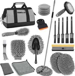 【DealsForYou】 THINKWORK Car Wash Kit, Car Wash Brush with Long Handle, Extendable Car Wash Brush Mop and 2-in-1 Windshield Squeegee, Gray Car Cleaning Brush Set for Men and Women