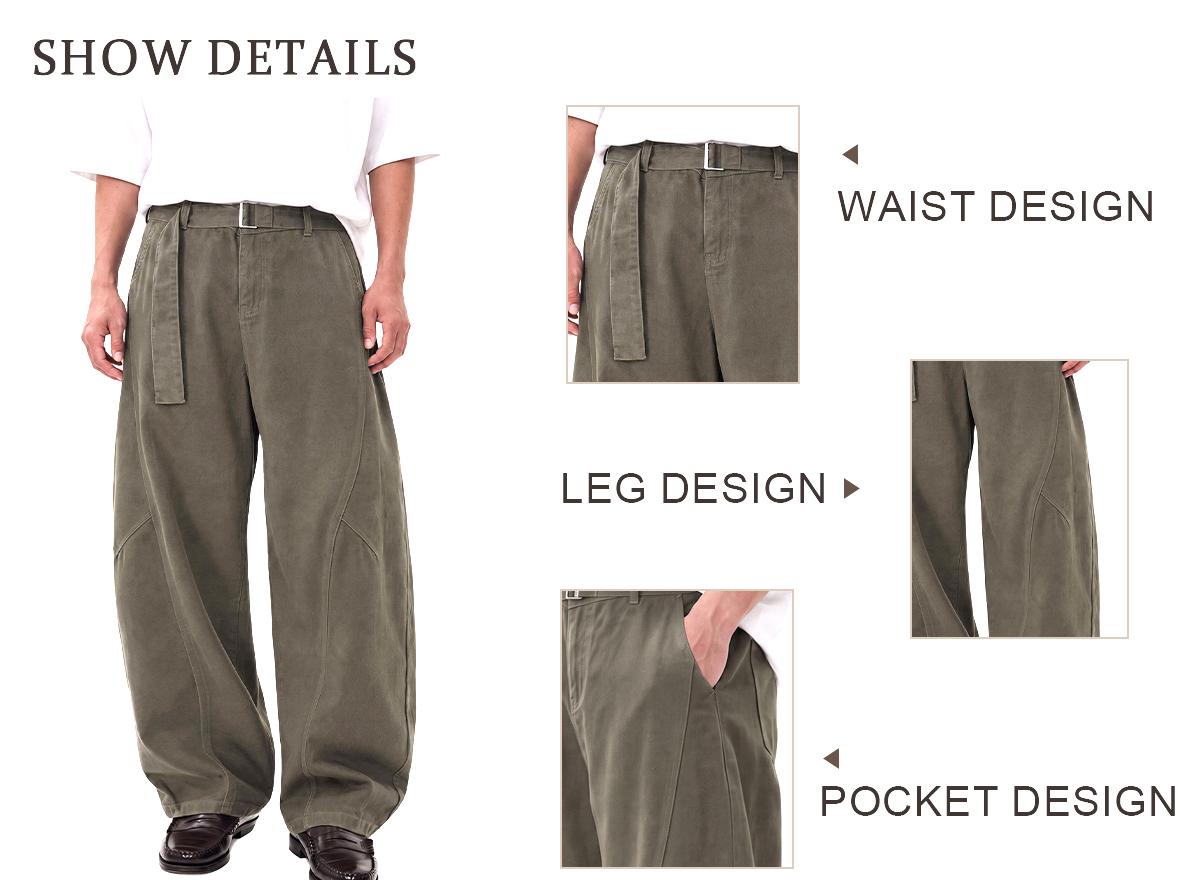 Men’s Vintage 100% Cotton Wide-Leg Pants, Relaxed Baggy Fit with Curved Seam Detail and Adjustable Belt, Retro Streetwear Trousers Men’s Vintage 100% Cotton Wide-Leg Pants, Relaxed Baggy Fit with Curved Seam Detail and Adjustable Belt, Retro Streetwear Trousers