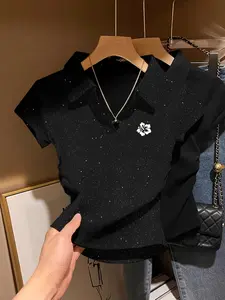 Sexy Hibiscus Print V-Neck Polo Short Sleeve T-Shirt Top for Women, Silver Color Sequins, Slim Fit, Summer New Arrival, Casual Streetwear