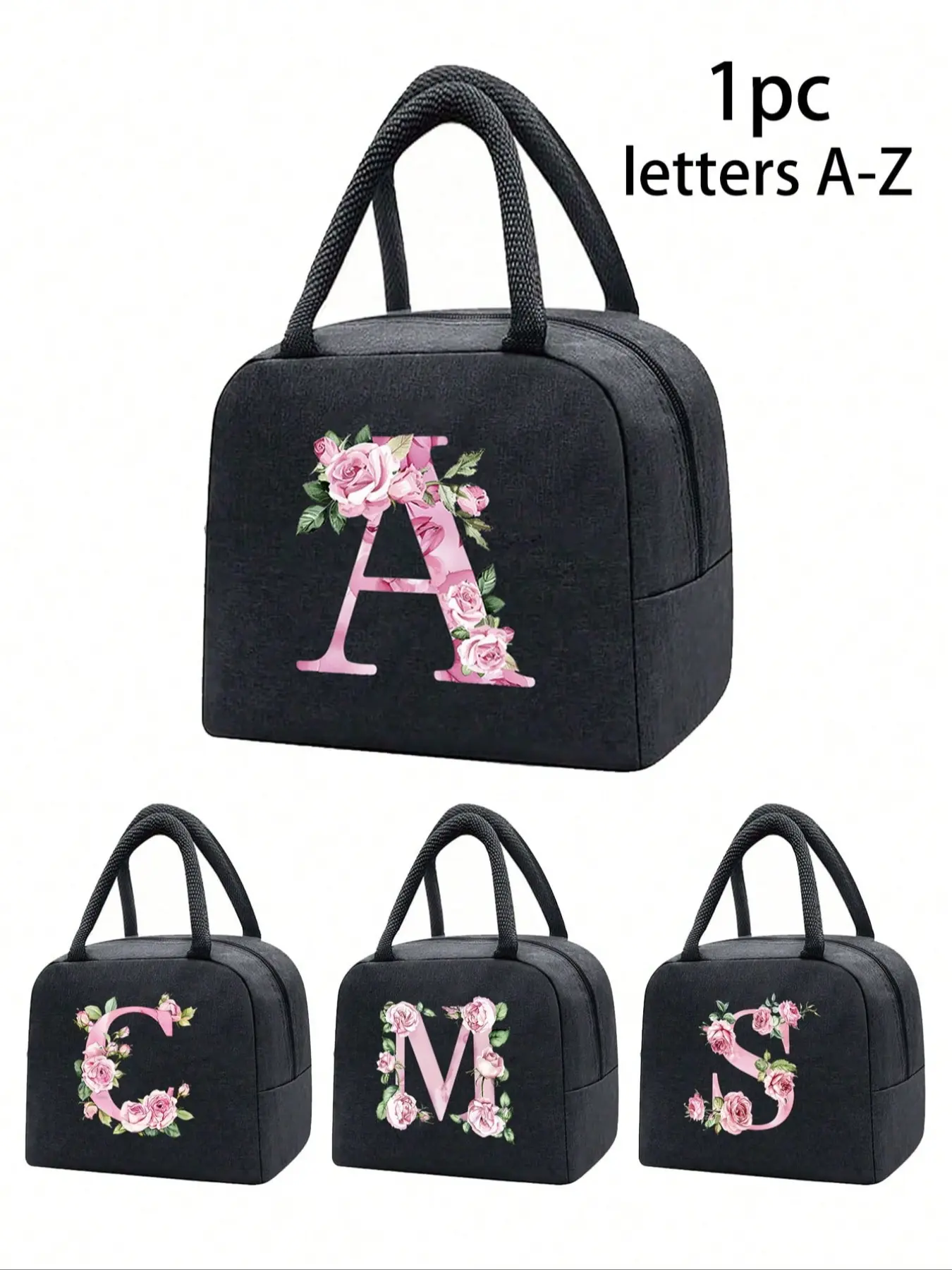 Insulated Lunch Bag, Handbag, Lunch Box, Ice Bag, Picnic Food Handbag, Floral Letter A-Z Pattern, Canvas Lightweight Portable Lunch Storage Bag, Applicable To Back To School, Class, College, Lunch Bag Tote Bag