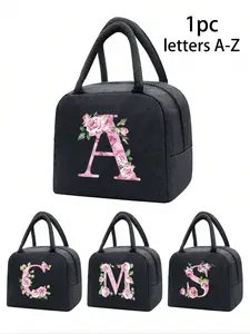 Insulated Lunch Bag, Handbag, Lunch Box, Ice Bag, Picnic Food Handbag, Floral Letter A-Z Pattern, Canvas Lightweight Portable Lunch Storage Bag, Applicable To Back To School, Class, College, Lunch Bag Tote Bag