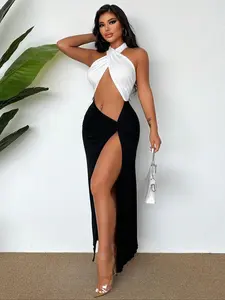 Women's Sexy Halter Cutout Long Dress, Block, Crossed Halter Design, Waist Hollow Out, High Slit, Sleeveless