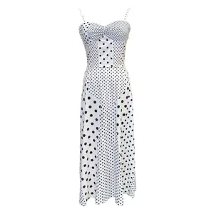 Women's Soft Cool Slim Fit Sweetheart Neck Spaghetti Strap Silky Polka Dot Sleeveless Maxi Dress, Vintage Elegant Lightweight Fabric Dress for Summer, Flattering Solid Color Outfit