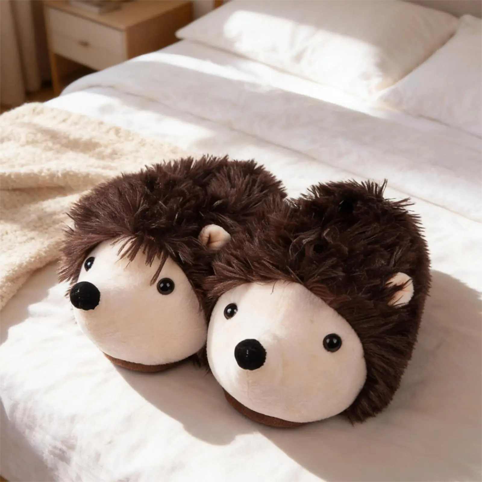 Women's Cute Hedgehog Plush Upper Footwear - Slip-On Casual Slippers with Soft Fabric, Sweet White Face, Fluffy Spikes, TPU Flat Sole, Warm Design for Cozy Evenings & Mornings, Indoor House Shoes