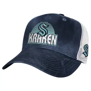 Seattle Kraken Sun Drenched Trucker Youth Snapback Hat - Navy Blue Mesh Back & Iconic Logo for Young Fans