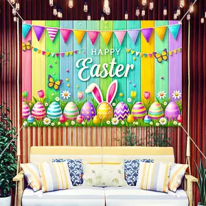 Happy Easter Backdrop Banner, Colorful Easter Eggs Bunny Ears Rainbow Striped Wood Decorations, Durable Polyester Fabric Photo Booth Prop, Reusable Easy to Clean, Perfect for Easter Party, Spring Decor, Kids Birthday, Home Wall Art, Gift for Family