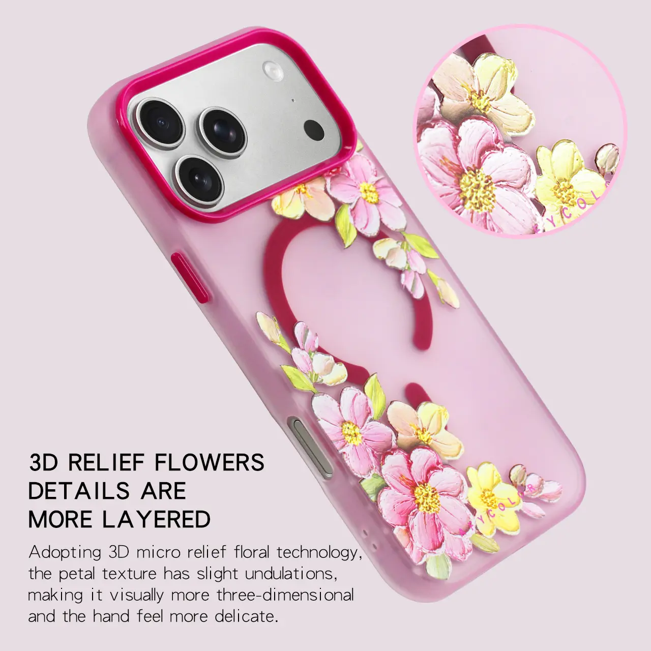 【AFYCOLOR】 3D Embossed Floral Magnetic Phone Case Set Magnetic Soft Case for iPhone 17/16 Pro Max ,Matte Semi-Transparent Back Panel,8mm Thickened Wrist Strap,Works Best With MagSafe Case Or No Case, Portable Wireless Charger