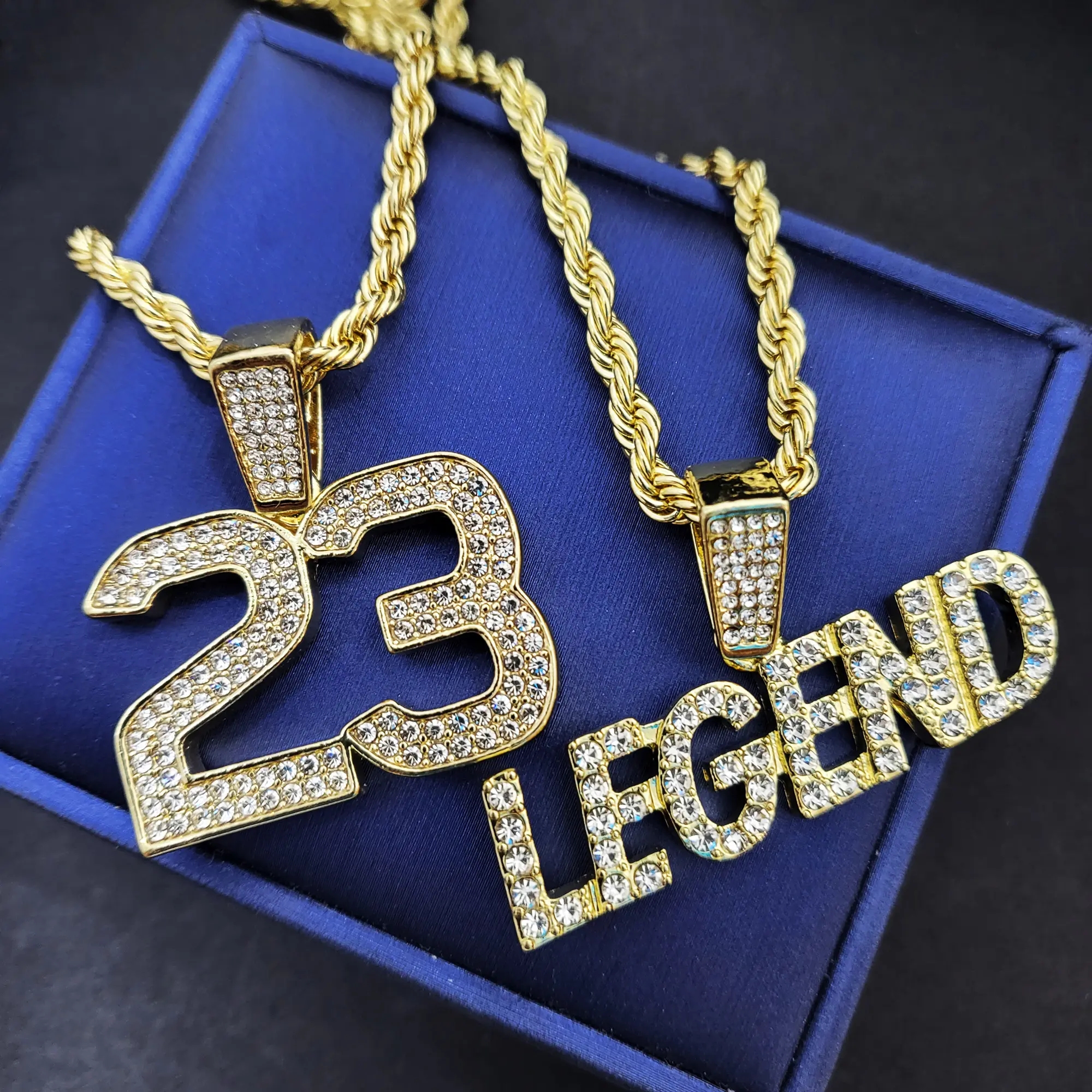 MaxBling81 Iced Out Number 23 & Legend Cubic Zirconia Gold-Plated Necklace Set, 24" Rope & Link Chains, Hip Hop Fashion Iced Out Jewelry, Women's Necklaces, Necklaces For Women