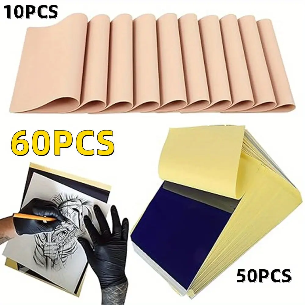 60-Piece Complete Tattoo Practice Leather & Transfer Paper Sheet Kit (11.7*8.3 in) - 10 Plastic Practice Leathers, 50 Transfer Sheets, Dot Matrix Printer Compatible, Time & Money Saving Supplies for Tattoo Artists, Beginners