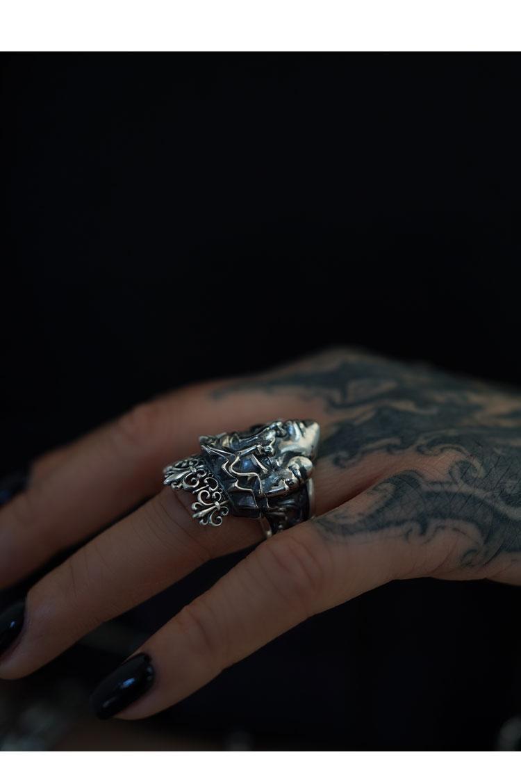 Vintage Gothic Dual Face Crown Open Ring Human Duality Aesthetic Silver Jewelry
