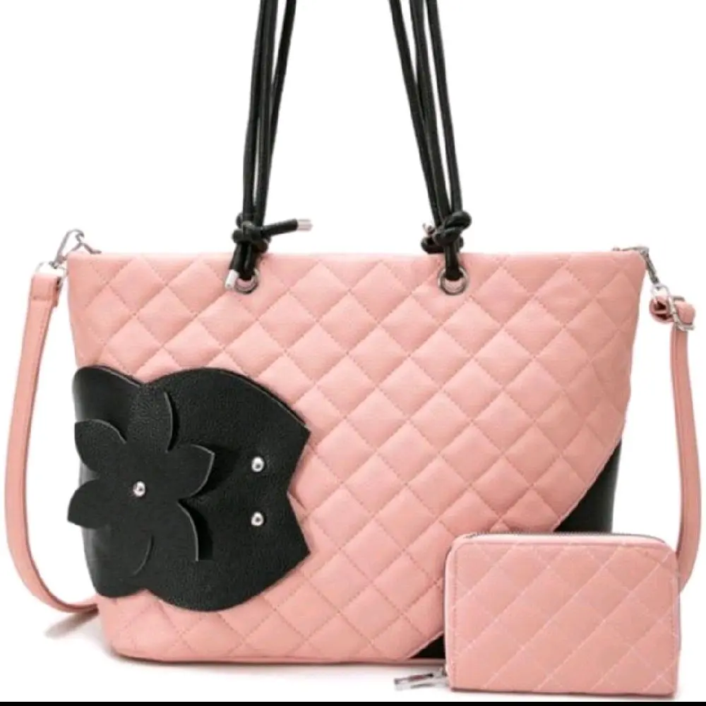 Pink and Black Women Tote Bag with Quilted Design and Adjustable Handles
