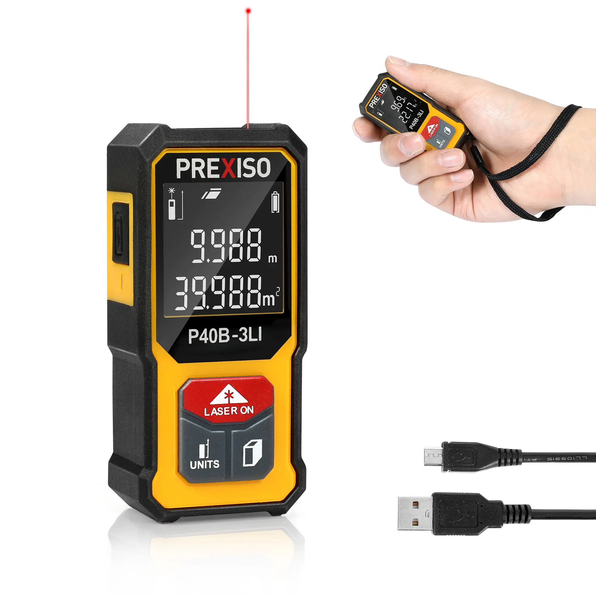 #fathersdaygift PREXISO Mini Laser Measurement Tool, 135Ft Rechargeable Laser Distance Meter Ft/Ft+in/in/M Unit, Laser Measure with High Accuracy, Pythagorean, Distance, Area, Volume Modes