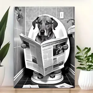 Funny Bathroom Dog Canvas Wall Art, 2D HD Print Humorous Animal Poster, Framed/Unframed Wall Decor for Restroom/Home, Black and White Dog on Toilet Artwork, Great Home Decoration Gift