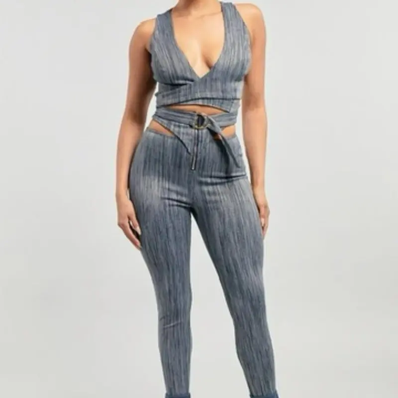 Women's 2-Piece Lady Jean Suit - Stylish Long Sleeve Top & Pants Clothes Ensemble, Casual Outfit