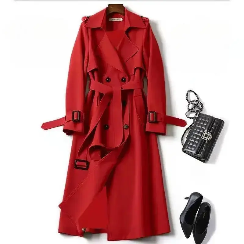 Plus Size Women's Mid-Length Trench Coat 2025 Spring Autumn Over-the-Knee Coat Women's Solid Color Elegant Notched Lapel Double-Breasted Belted Trench Coat Womenswear Jackets Tops Outerwear Black Green Light Style Plus Size Women's Mid-Length Trench Coat 2025 Spring Autumn Over-the-Knee Coat Women's Solid Color Elegant Notched Lapel Double-Breasted Belted Trench Coat Womenswear Jackets Tops Outerwear Black Green Light Style