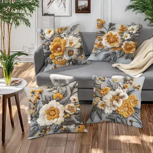 Flower Pattern Cushion Cover, 4 Counts Square Throw Pillow Cover, Household Decoration Supplies for Home Living Room Bedroom, Home Textile