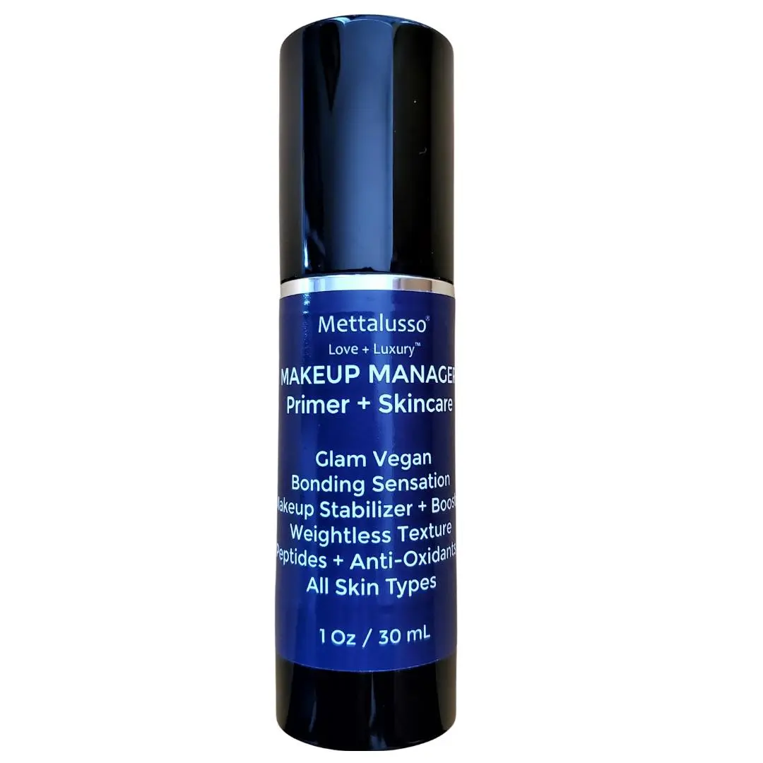 Mettalusso Vegan Serum Primer & Skincare Foundation - Cosmetic Makeup Manager, Anti-Wrinkle, Firming, Dry Skin-Friendly, All Skin Types, Smooth Clear Setting, Weightless Texture, 1 Oz/30 mL, Brush-Included Makeup Stabilizer
