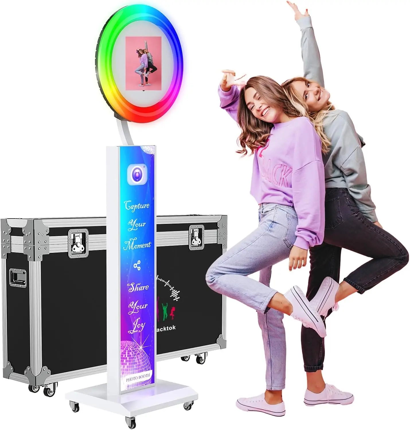 OHYEAHSPIN iPad Photo Booth Machine for All iPad Sizes with RGB Music-Sync Ring Light, App/Remote Control and Flight Case for Events