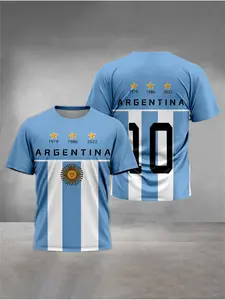 Men'S 3D Digital Print Argentina National Team Three Stars Champion T-Shirt | Casual Comfortable Versatile Round Neck Short Sleeve, Perfect for Daily and Sports Wear, Ideal Holiday Gift for Men