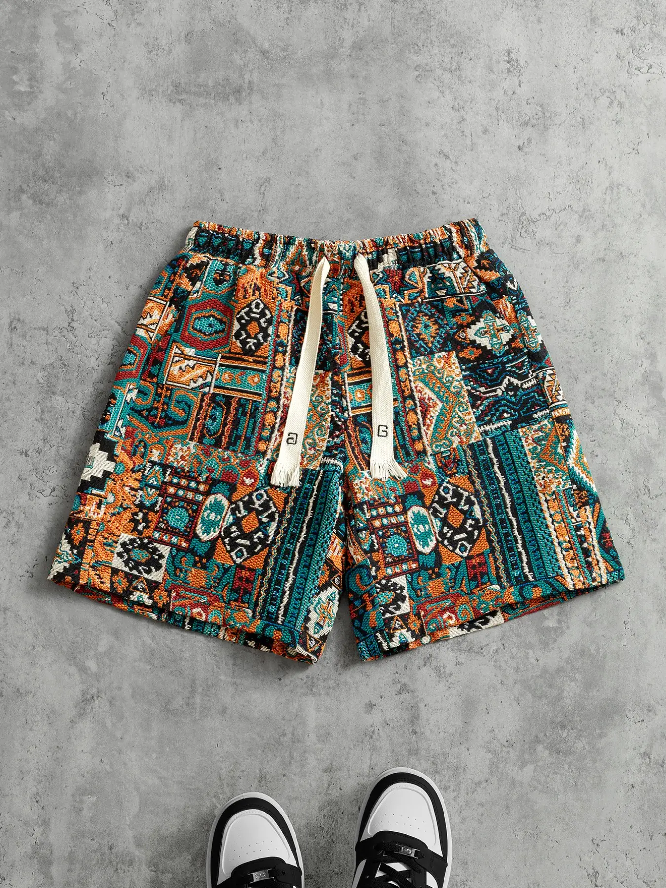 Men's Ethnic Knit Jacquard Shorts, Casual Fit Shorts, Casual Athleisure Shorts, Summer Thin Loose Casual Half-Length Pants, Outdoor Beachwear, Vintage Versatile Breathable Outerwear, Ethnic Pattern Shorts, Athleisure Street Shorts