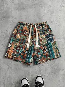 Men's Ethnic Knit Jacquard Shorts, Casual Fit Shorts, Casual Athleisure Shorts, Summer Thin Loose Casual Half-Length Pants, Outdoor Beachwear, Vintage Versatile Breathable Outerwear