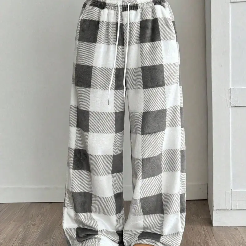 Women's Vintage Plaid Sleep Pants, Lounge Bottoms, Large Size Loose Fit Casual Home Long Pants, Elastic Waist Comfortable