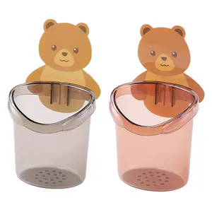 2pcs Bathroom Bear Toothbrush Holder Wall Mounted Non-Stick Bear Cuddle Shelf Kids Toothbrush Holder Light Plastic