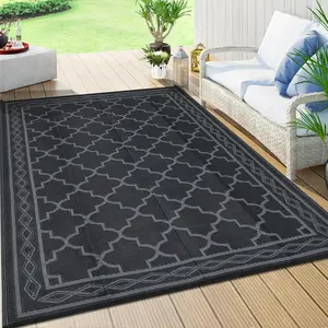 GARVEE 5x8 FT Reversible Mats, Outdoor Rug for Patio Clearance, Waterproof Carpet, Plastic Straw Rug for Indoor Outdoor, Floor Mat&Rug for RV Porch Camping Backyard Deck Beach Trailer (Black/Grey)