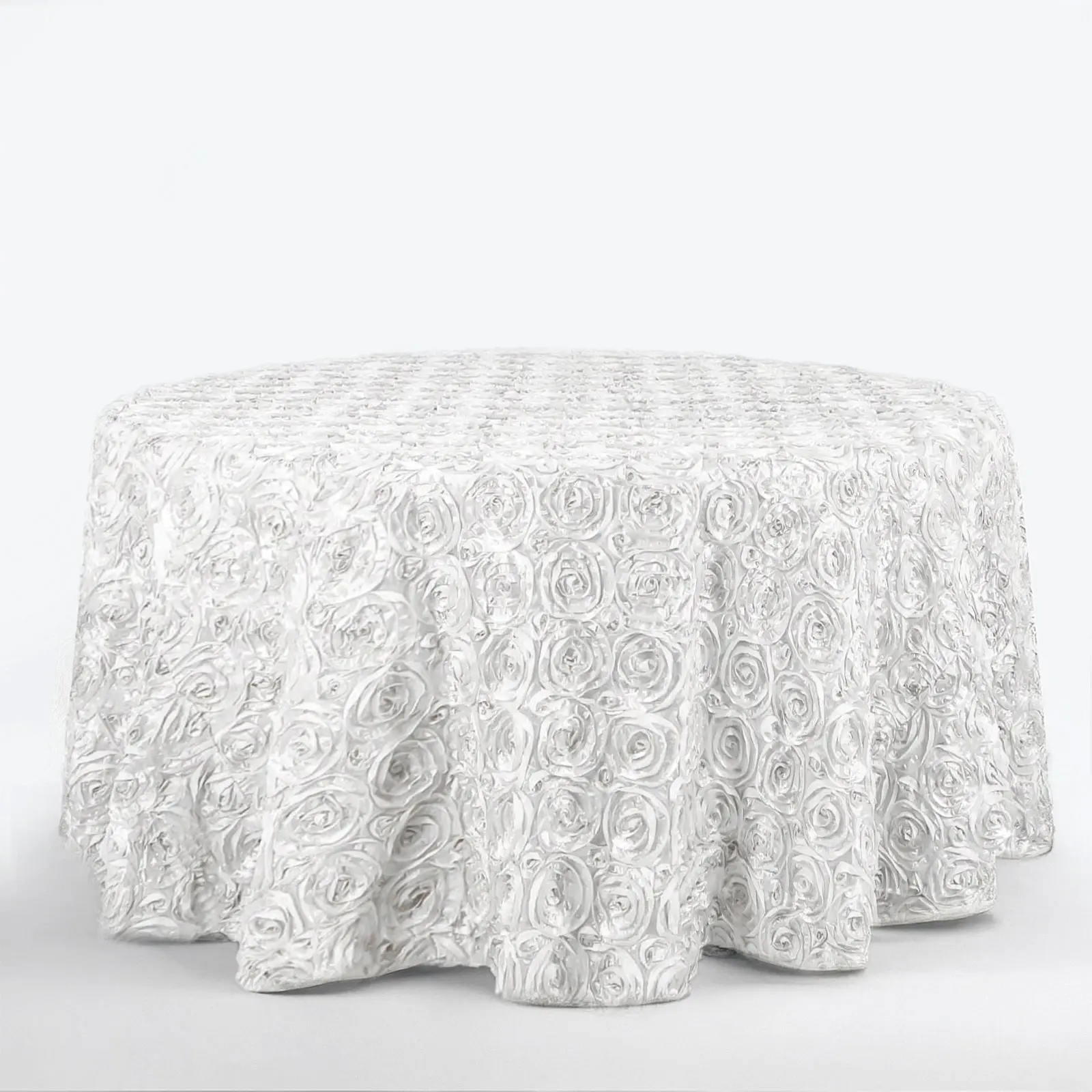 White 120" Round Satin Tablecloth - Grandiose 3D Rosette Design, Seamless Finish for Luxe Prom, Bridal Shower, Anniversary Events, Dessert Table, Candy Buffet