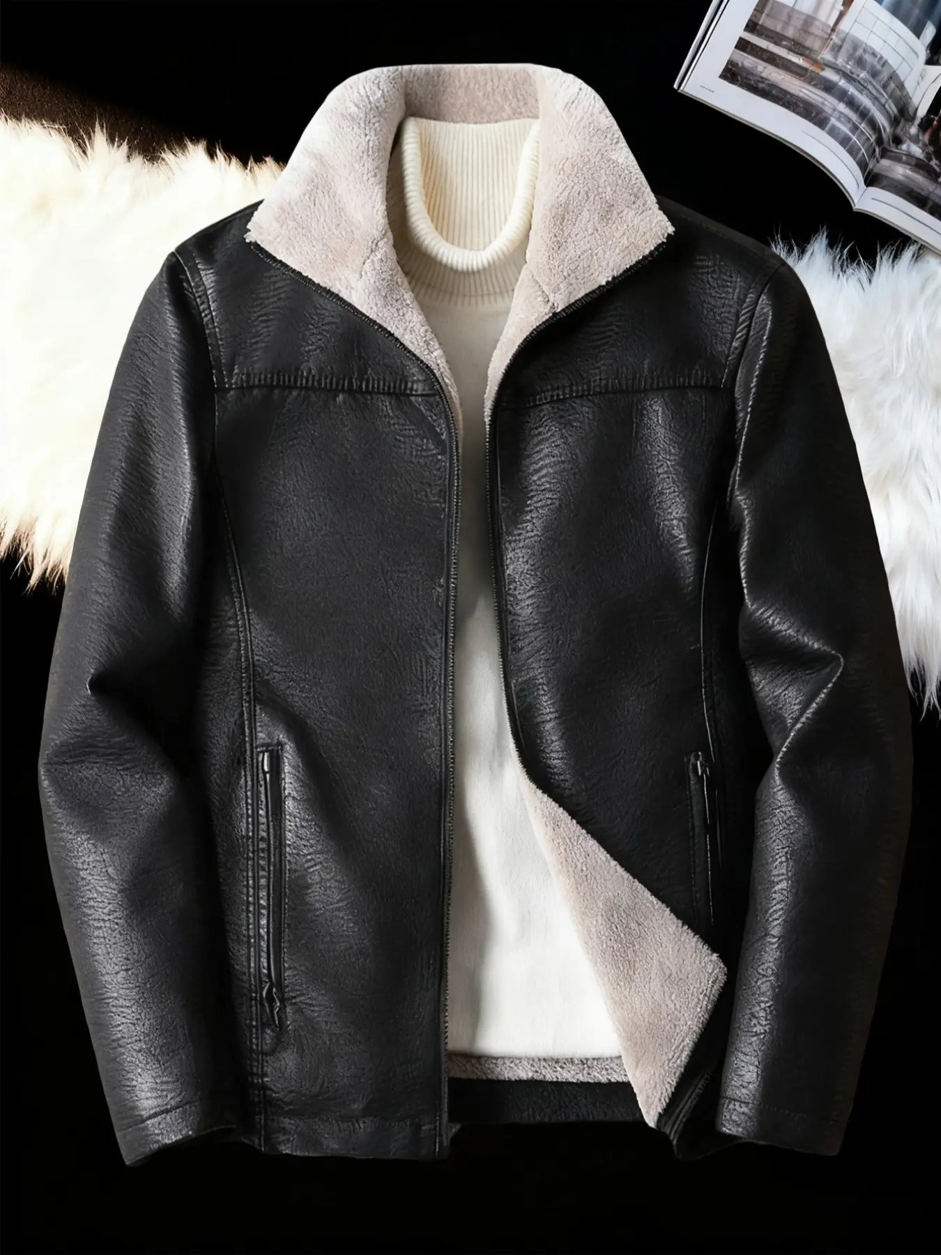 Men's Fleece Lined Thick Leather Jacket, Lamb Fur Collar Inner Warm Coat, Vintage Motorcycle Style, Fall Winter Zipper Outerwear