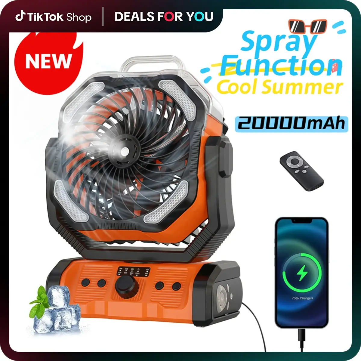 20000mAh Portable Outdoor Misting Camping Fan With 4 Light,Usb Rechargeable Multifuntion Fan Endurance 48 Hours Remote Control Fans, For Patios,Fishin