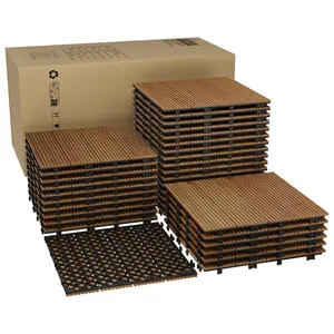 33 PCS Interlocking Deck Tiles, 12"X12" Solid Acacia Wood Flooring for Outdoor & Indoor, All Weather Waterproof Snap Together Patio Tiles for Balcony, Poolside, Deck,Brown