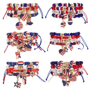 USA Flag Patriotic Independence Day Woven Adjustable Bracelet - Heart & Star Design Classic Red White Blue Friendship Bracelet